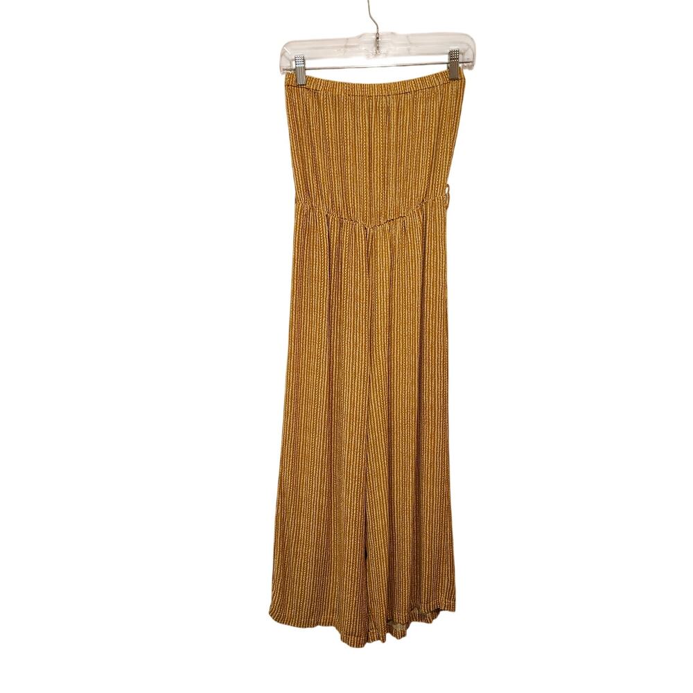 Simplee Yellow Patterned Print Coastal Chic Strapless Wide Leg Jumpsuit Small